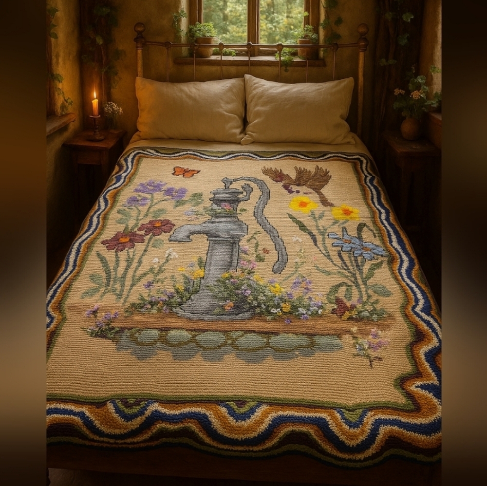 Huge Hand Knit Cross Stitch Blanket Butterfly Bird Flowers Afghan Quilt